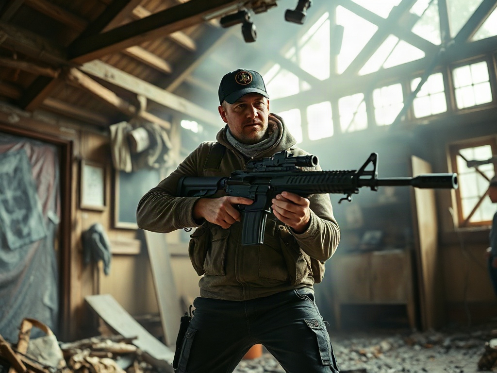 Мужчина в военной одежде держит оружие в заброшенном здании, окружённом дымом и разрушениями.